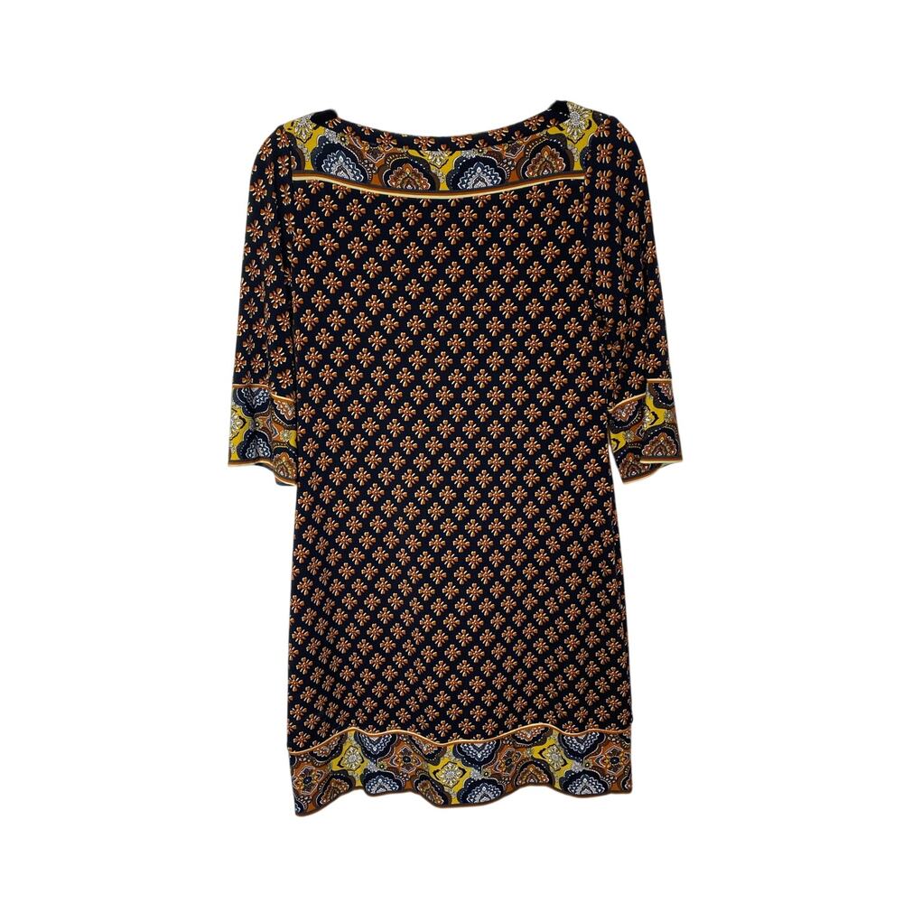 Geometric Print Shift Dress • Black Base with Yellow & Rust Accents • Size Small